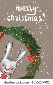 Cute cartoon rabbit. Christmas card. . Snow. Vector illustration .Winter mood.