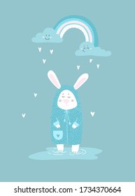Cute cartoon rabbit, clouds and rainbow on a blue background. Illustration with a bunny for a card, banner, poster or cover. Vector, eps 10