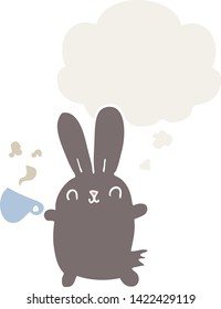 cute cartoon rabbit with coffee cup with thought bubble in retro style