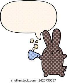 lindo conejo de dibujos animados con taza de café con burbuja de habla al estilo de un libro de historietas