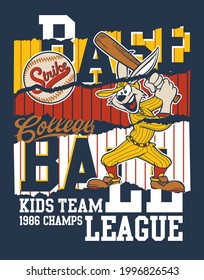 Cute cartoon rabbit college baseball league vintage vector print for children wear