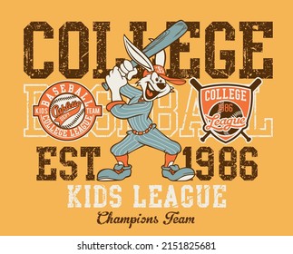 Cute cartoon rabbit college baseball league vector print for children wear with applique patches grunge effect in separate layer 