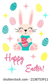 Conejo de dibujos animados con coloridos huevos de Pascua. Dibujo infantil con textura de lápiz para tarjetas de felicitación tradicionales y carteles. Ilustración vectorial en colores brillantes con la inscripción