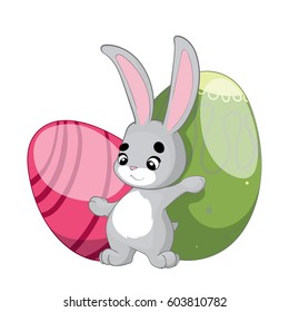 Cute cartoon rabbit and colorful eggs