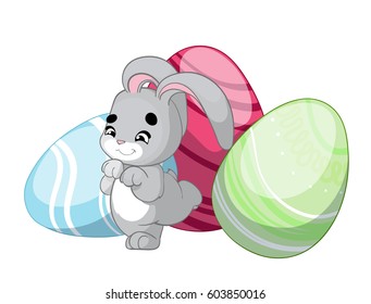 Cute cartoon rabbit and colorful eggs