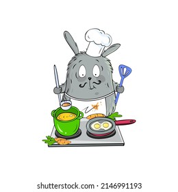 Cute cartoon rabbit cooking on the kitchen with pot and pan. Funny hand drawn illustration for your design.