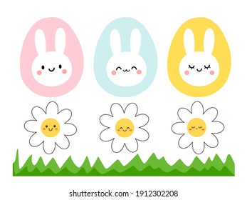 Cute cartoon rabbit, daisy flower and grass field icon isolated on white background vector illustration. Easter day elements.