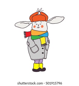 Cute cartoon rabbit. Design element for season greeting, kid clothes, t-shirt. Funny bunny in winter clothes.