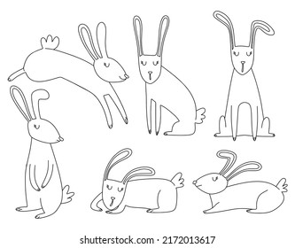 Un juego de doodles de conejo de dibujos animados.