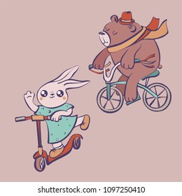 Cute cartoon rabbit in dress on scooter and bear on bike vector illustration