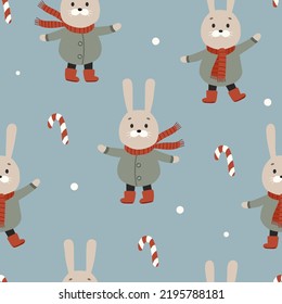 Cute cartoon rabbit dressed up in winter clothes. Christmas seamless vector pattern
