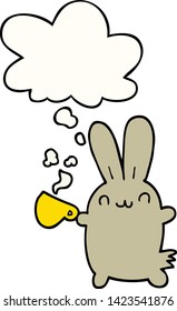 cute cartoon rabbit drinking coffee with thought bubble