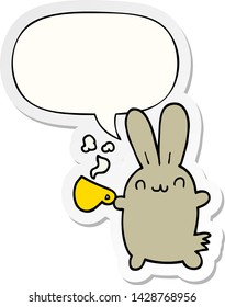 cute cartoon rabbit drinking coffee with speech bubble sticker