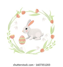 Cute cartoon rabbit with easter egg in tulip wreath. Watercoloe imitation easter card. 
