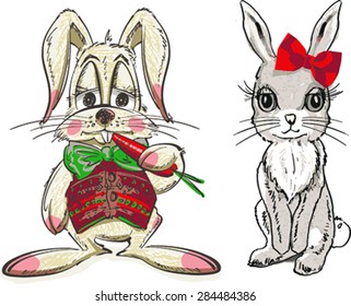 Cute cartoon rabbit eating a carrot.Cute rabbit.Vector.Illustration.
