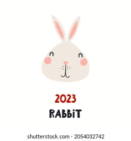 Cute cartoon rabbit face, Asian zodiac sign, astrological symbol, isolated on white. Hand drawn vector illustration. Flat style design. 2023 Chinese New Year card, banner, poster, horoscope element.