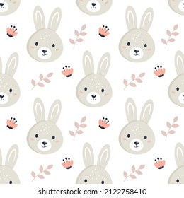 Conejo de dibujos animados con elementos florales. Patrón sin foco. Se puede usar para fondo de escritorio, rellenar fondo de página web, texturas superficiales