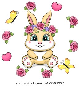 A cute cartoon rabbit in a flower wreath sits in a roses frame. Spring animal vector illustration on white background with flowers, butterflies and hearts.