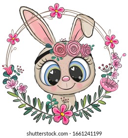 Cute Cartoon Rabbit in a flowers frame