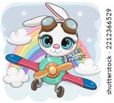 Cute Cartoon Rabbit is flying on a plane