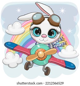 Cute Cartoon Rabbit is flying on a plane