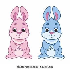 Cute cartoon rabbit. Funny bunny. Vector illustration. Pink and blue rabbits