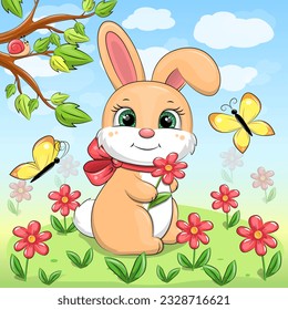 Cute cartoon rabbit in the garden. Vector illustration of an animal with red flowers, yellow butterflies, green grass, tree, blue sky and white clouds.