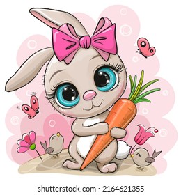 Cute Cartoon Rabbit girl with carrot on a meadow