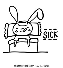 Cute cartoon rabbit girl in discomfort using thermometer sleeping on a bed . sick vector Hand drawn