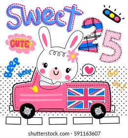 Cute cartoon rabbit girl driving pink pickup truck on the road on polka dots background illustration vector.