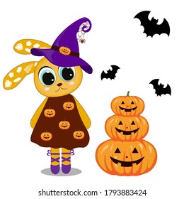 Cute Cartoon rabbit girl . Happy Halloween.  Can be used for kid's clothing. Use for print, surface design, fashion wear. For design of album, scrapbook, card and invitation