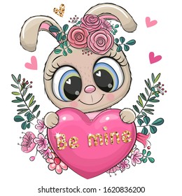 Cute cartoon Rabbit girl with heart and flowers on a white background