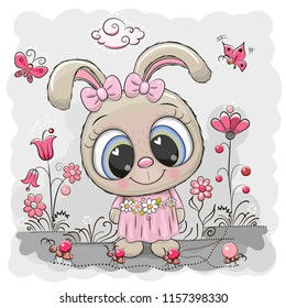 Cute cartoon Rabbit girl on a meadow with flowers and butterflies