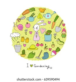 Cute cartoon rabbit girl and Set of garden objects. Plants, pots and tools for gardening. Vegetables and insects