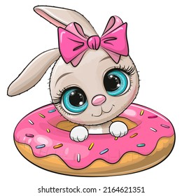 Cute cartoon rabbit girl swimming on pool ring donut