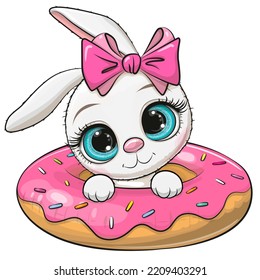 Cute cartoon Rabbit girl swimming on pool ring donut