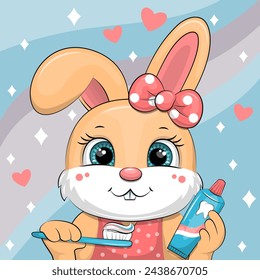 Cute cartoon rabbit girl with toothpaste and toothbrush. Vector illustration of an animal on a blue background with hearts.