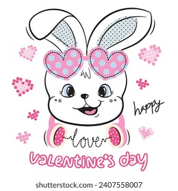 Cute cartoon rabbit girl wearing heart-shaped glasses and headphones 
enjoys listening to music love isolated on white background illustration vector.
