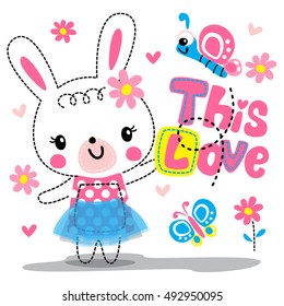 Cute cartoon rabbit girl wearing skirt with flowers and hearts around isolate on white background illustration vector.