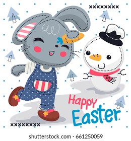 Cute cartoon rabbit girl wearing overalls have fun with a snowman in wintertime on polka dot background illustration vector,