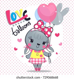 Cute cartoon rabbit girl wearing a pink bow on her head standing holding balloons  on polka dot background illustration vector.