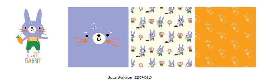Cute Cartoon Kaninchen. Handgezeichneter Vektorfeder-Druck mit sonniges, sonniges Gesichtswulst und zwei Mustern - Karotten und Hasen mit Blumen