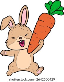 Cute cartoon rabbit happily holding a large, vibrant orange carrot. Ideal for themes of healthy eating, animals, or children's content