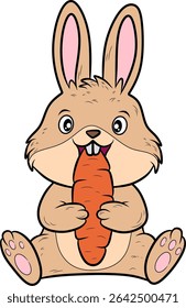 Cute cartoon rabbit happily holding a large, vibrant orange carrot. Ideal for themes of healthy eating, animals, or children's content