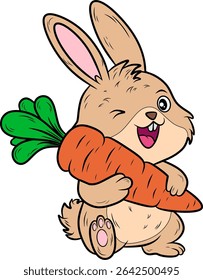 Cute cartoon rabbit happily holding a large, vibrant orange carrot. Ideal for themes of healthy eating, animals, or children's content