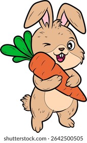 Cute cartoon rabbit happily holding a large, vibrant orange carrot. Ideal for themes of healthy eating, animals, or children's content