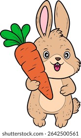 Cute cartoon rabbit happily holding a large, vibrant orange carrot. Ideal for themes of healthy eating, animals, or children's content