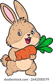 Cute cartoon rabbit happily holding a large, vibrant orange carrot. Ideal for themes of healthy eating, animals, or children's content