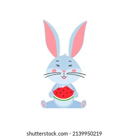 Cute cartoon rabbit or hare. Bunny sits and eats a slice of watermelon. 2023 - The year of the rabbit in the lunar calendar. Vector stock flat illustration isolated on a white background.