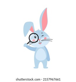 Cute cartoon rabbit or hare. Bunny with with a magnifying glass. Printing for children's T-shirts, greeting cards, posters. Hand-drawn vector stock illustration isolated on a white background